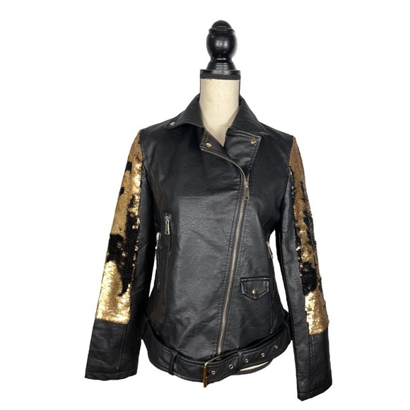 Robert Phillipe Color Change Black Gold Sequins Faux Leather Jacket      Size: M - Picture 1 of 5